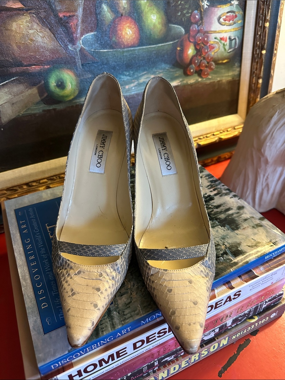 Jimmy Choo Beige Snakeskin Pointed-Toe Pumps